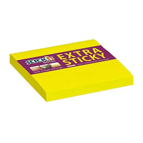 Vysoce Kvalitní Samolepicí bloček Stick´n Extra Sticky, 76 x 76 mm, neon žlutá