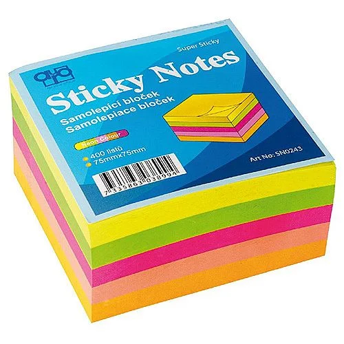 Samolepicí bločky Auro Neon, 75 x 75 mm, 400 ls, mix Nízká Cena