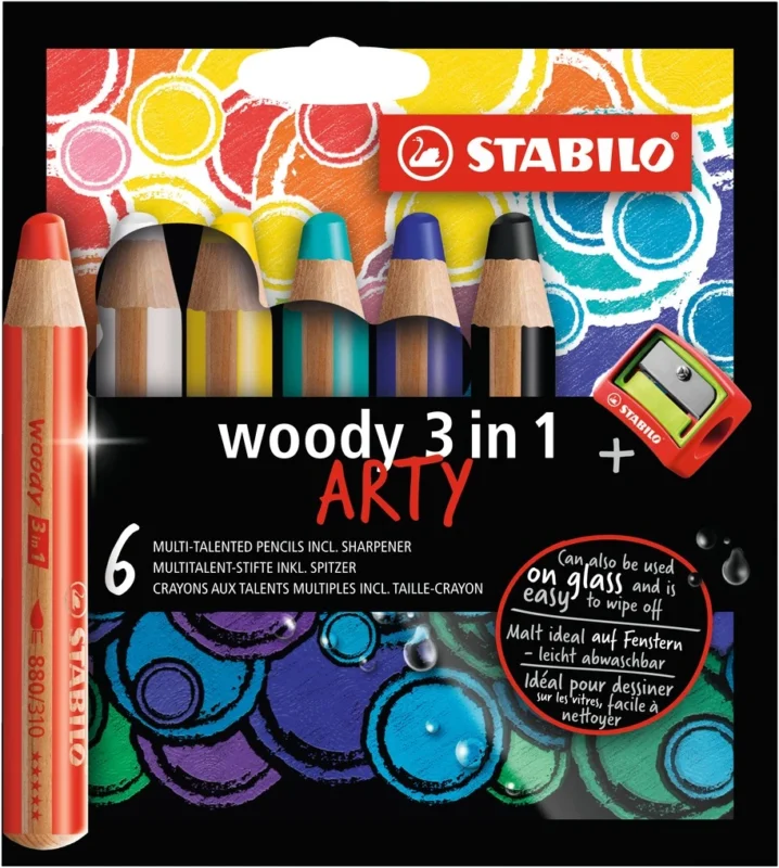 STABILO woody 3 in 1 Multifunkční pastelka ARTY - sada 6 barev s ořezávátkem Akční Nabídka