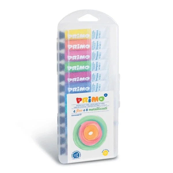 Dokud Zásoby Vydrží Temperové barvy PRIMO 12 × 12 ml, metalické a fluorescenční
