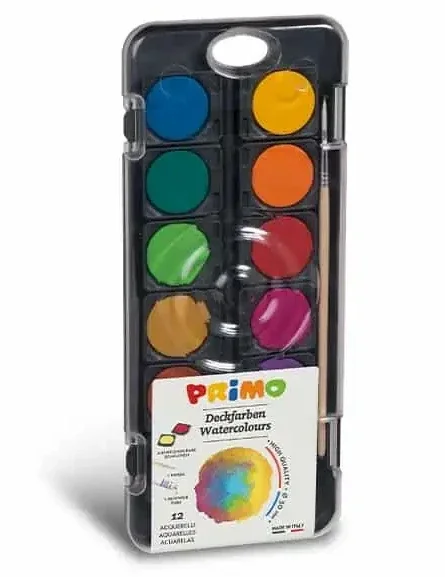 Tovární Cena Vodové barvy PRIMO BLACK FINE, průměr 30 mm, 12 ks + štětec + běloba
