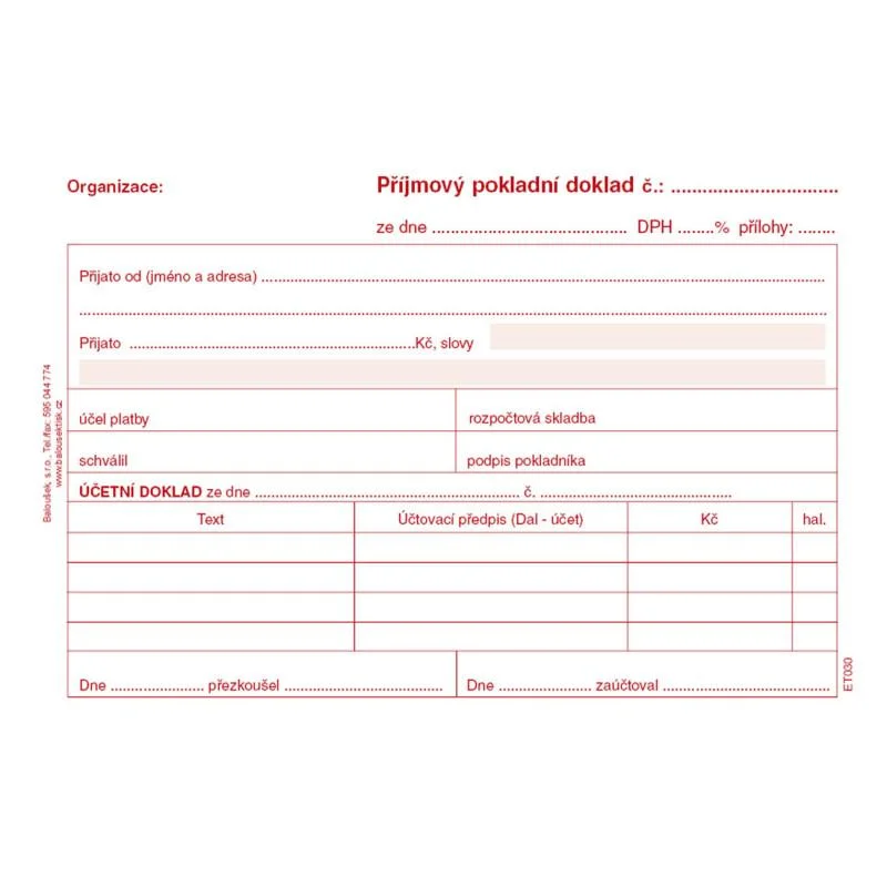 Přímo Od Výrobce Příjmový pokladní doklad i pro podvojné účetnictví -A6 / nečíslovaný 50 listů / ET030