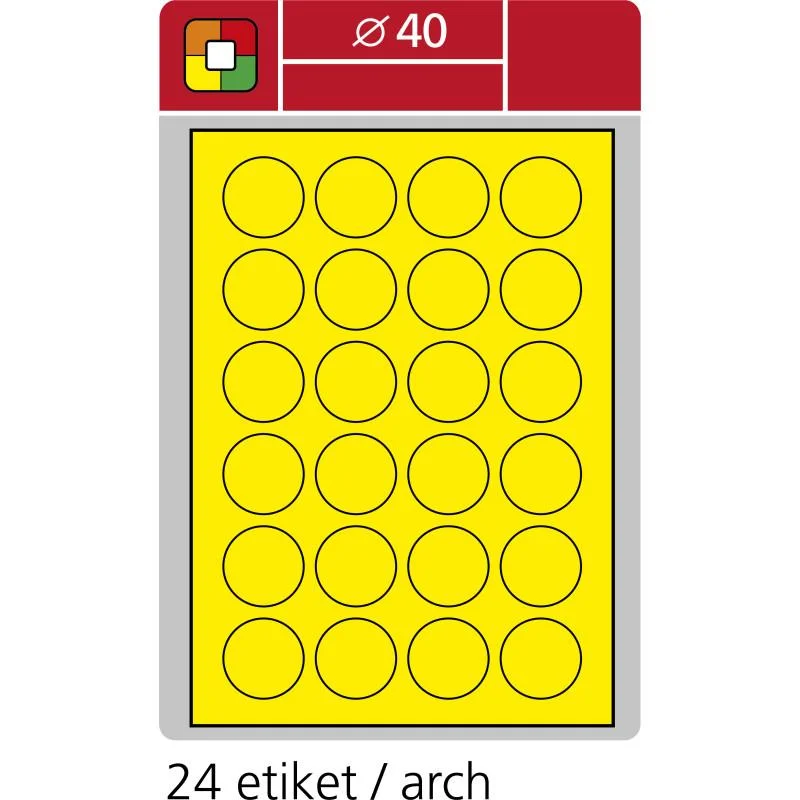 Vysoce Kvalitní Print etikety A4 pro laserový tisk - fluorescentní - kulaté prům.40 mm ( 24 etiket / arch) fluorescentní žlutá