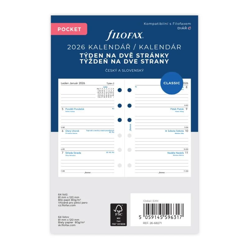 Víkendová Akce Náhradní vložky do diářů Filofax-kalendář kapesní 2019 týden / 2 strany