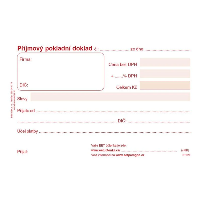 Příjmový pokladní doklad -A6 / nečíslovaný 50 listů / ET020 Nízká Cena