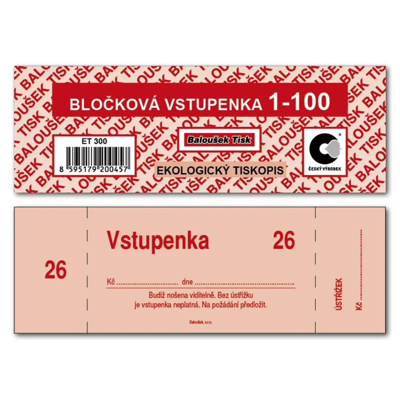 Bločkové vstupenky - 133 x 39 mm / 1-100 / 4 odstíny barev / ET300 Ihned K Objednání
