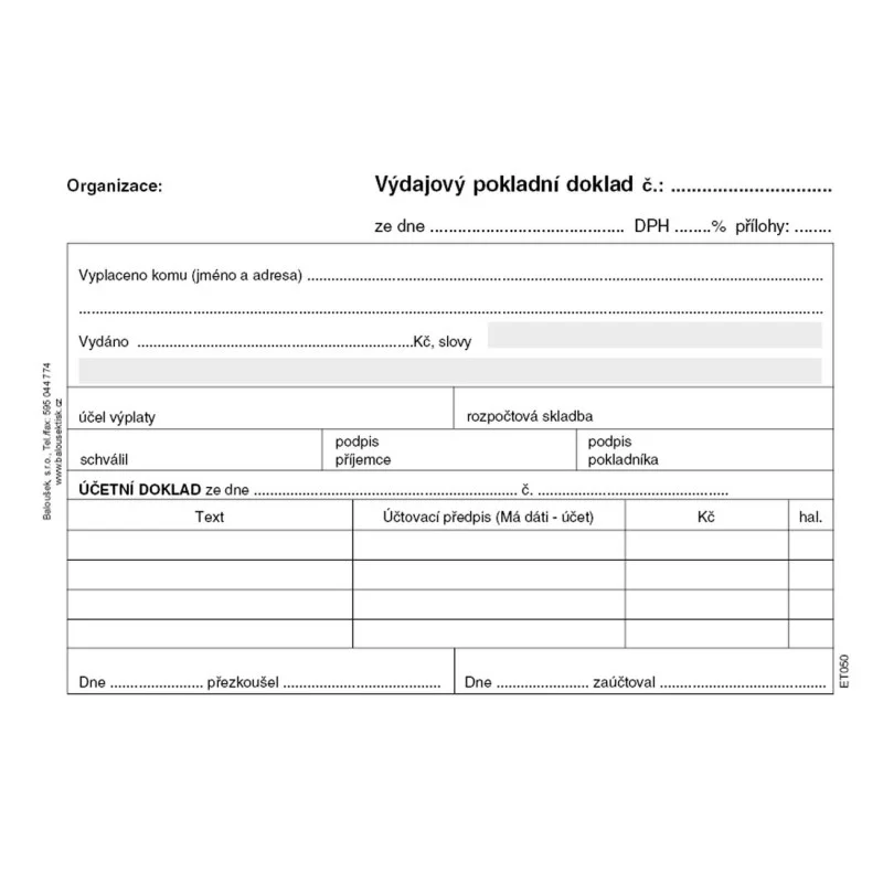 Výdajový pokladní doklad i pro podvojné účetnictví Baloušek A6 / nečíslovaný / 50 listů / ET050 Ověřený