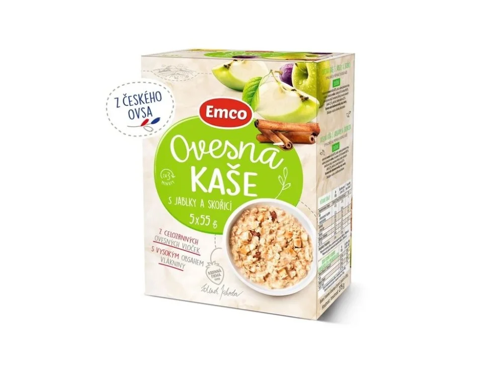 Ovesná kaše Emco s jablky a skořicí, 5x 55 g Nízká Cena