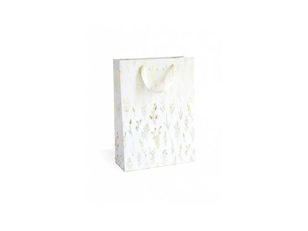Dárková taška - L, 33 x 24cm, bílá, zlaté květiny Cenový Hit