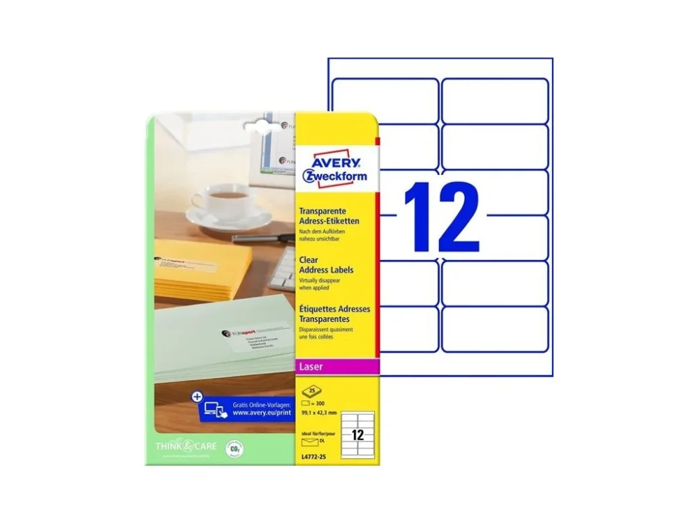 Etikety na zásilky Avery Zweckform - transparentní, 99,1 x 42,3 mm, 300 ks Tovární Cena