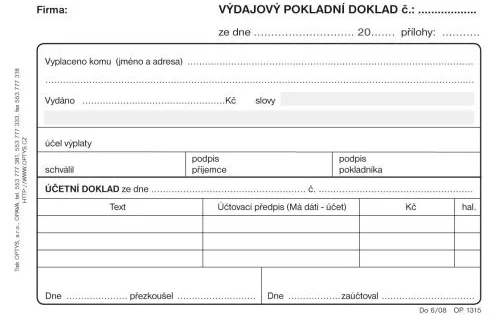 Tiskopis Výdajový pokladní doklad, A6, podvojné úč., OPTYS Tovární Cena